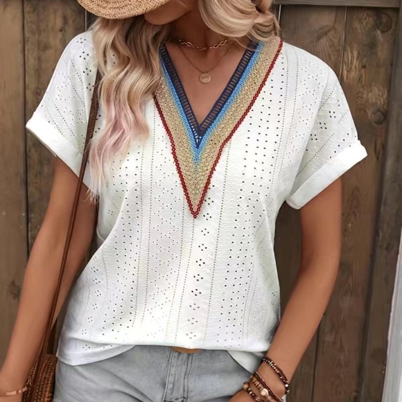 Rainbow Crochet Lace V Neck White Eyelet Boho Short Sleeve Shirt M L XL NWT - Picture 2 of 6